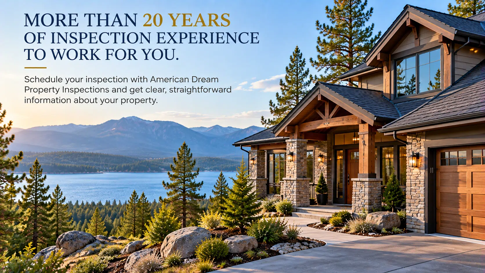 Mountain home with text highlighting more than 20 years of inspection experience