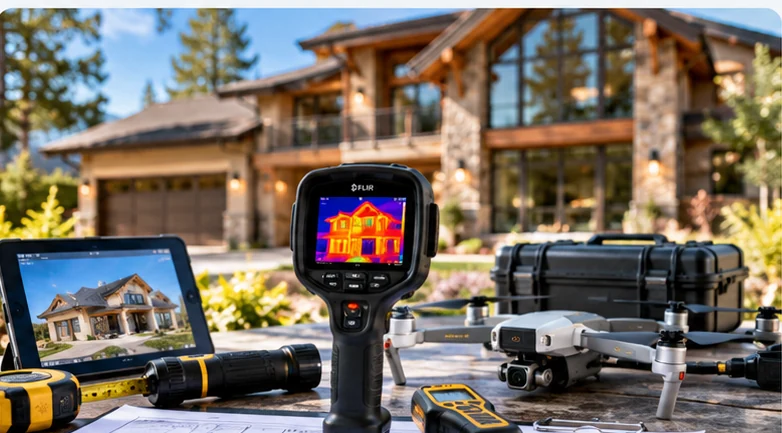 Professional inspection equipment including thermal imaging camera, drone, and testing instruments at a residential property