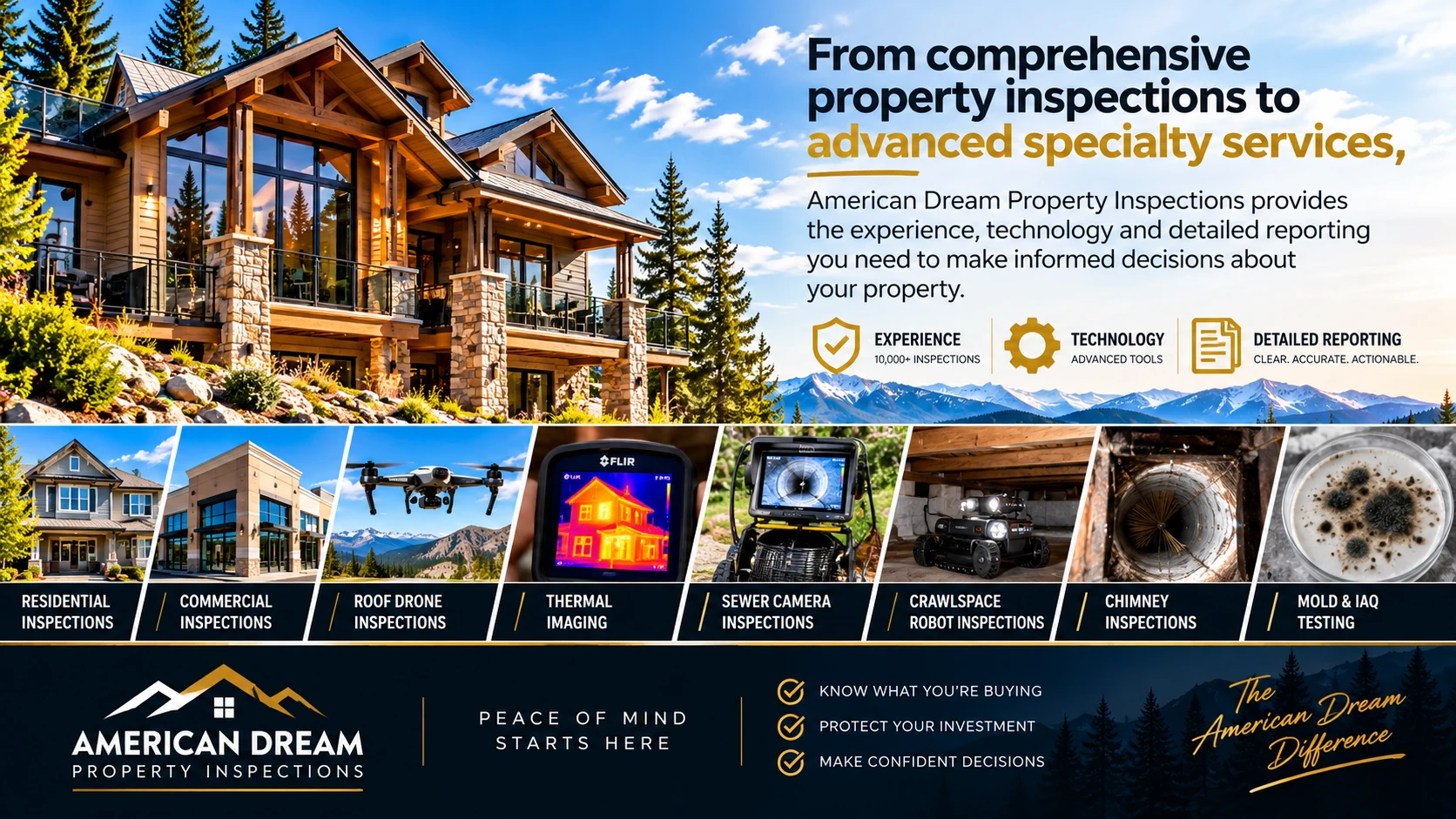 American Dream Property Inspections service overview graphic featuring a mountain home, inspection technologies, and no people