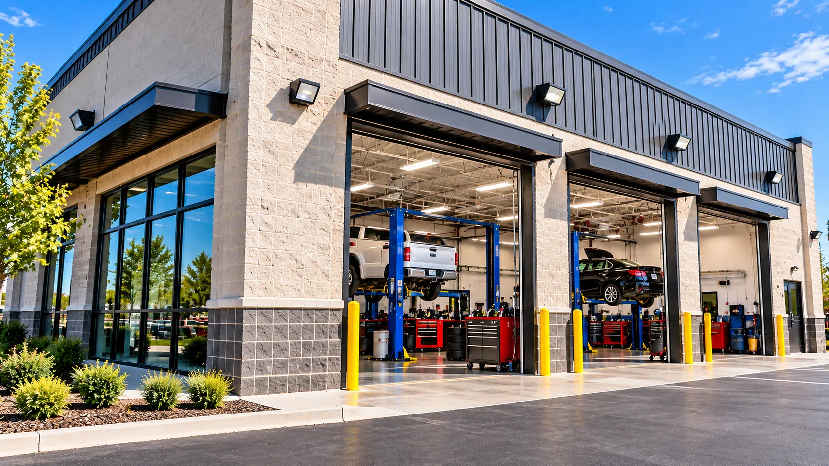 Auto repair shop exterior and service bay entrances