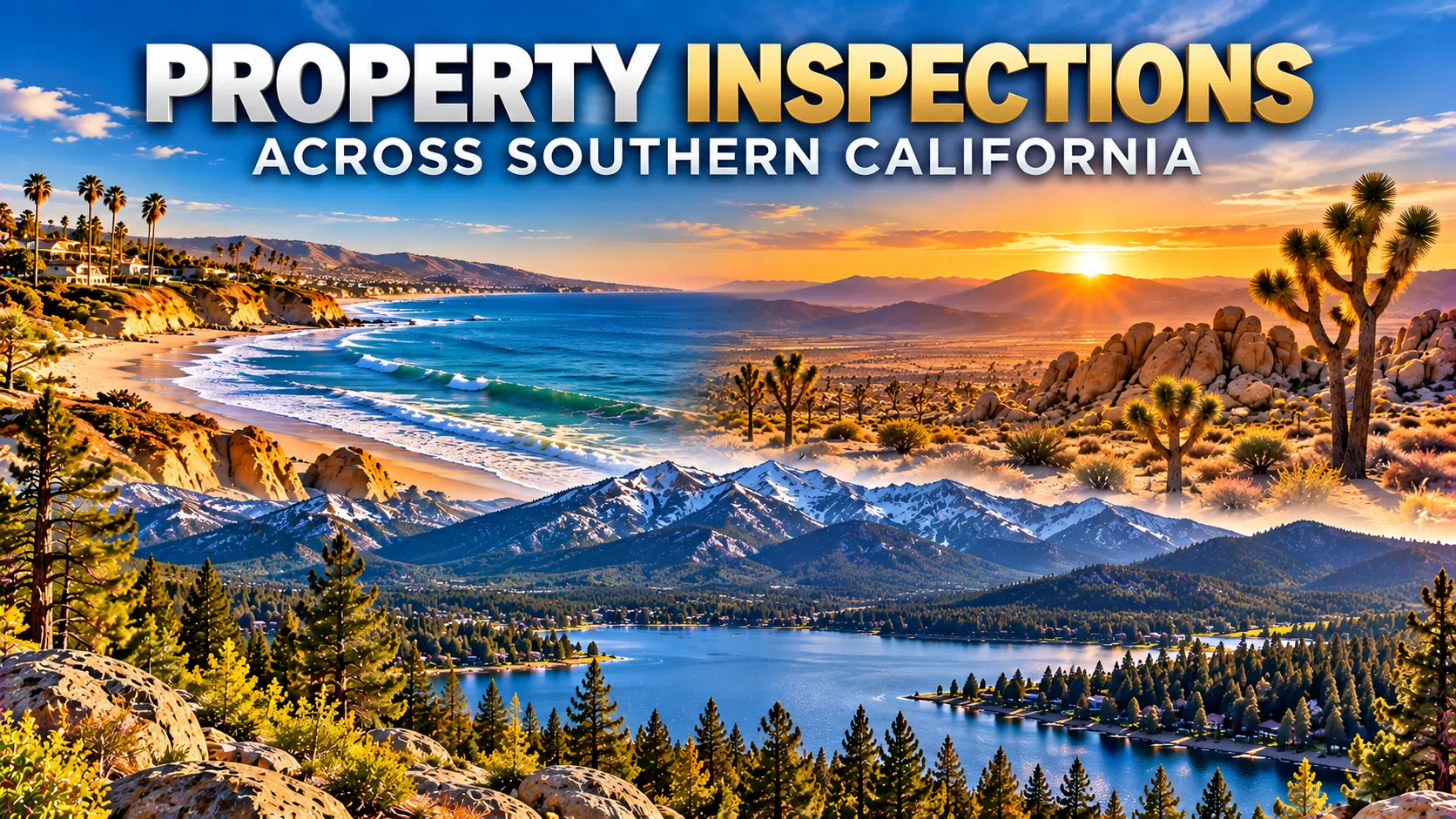 Property inspections across Southern California graphic with coast, desert and mountains