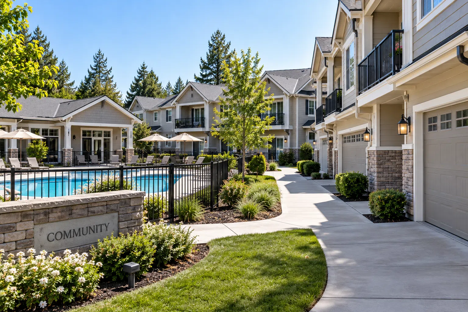Landscaped condominium common area and clubhouse