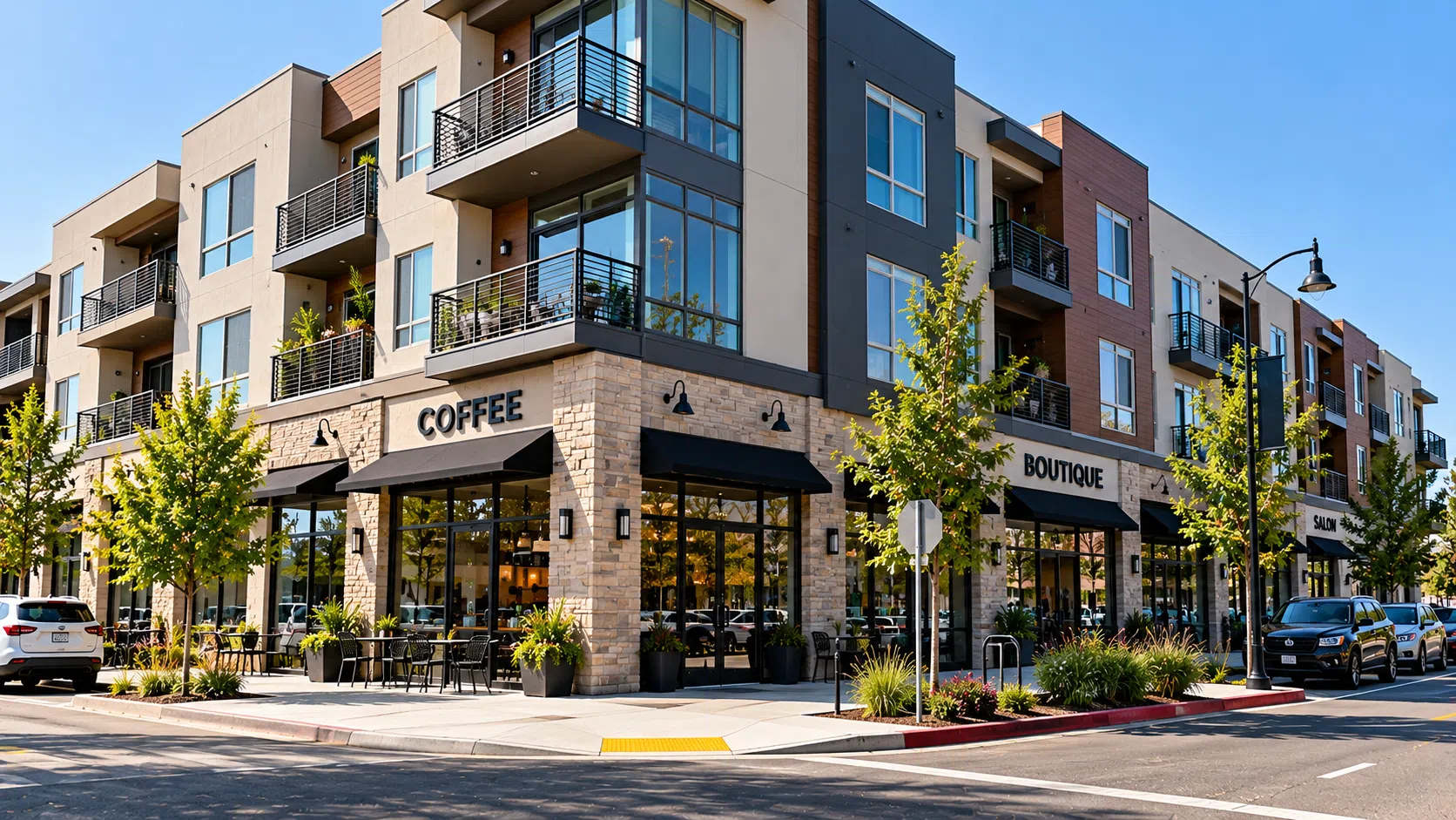Mixed-use building with ground-floor commercial space and apartments above