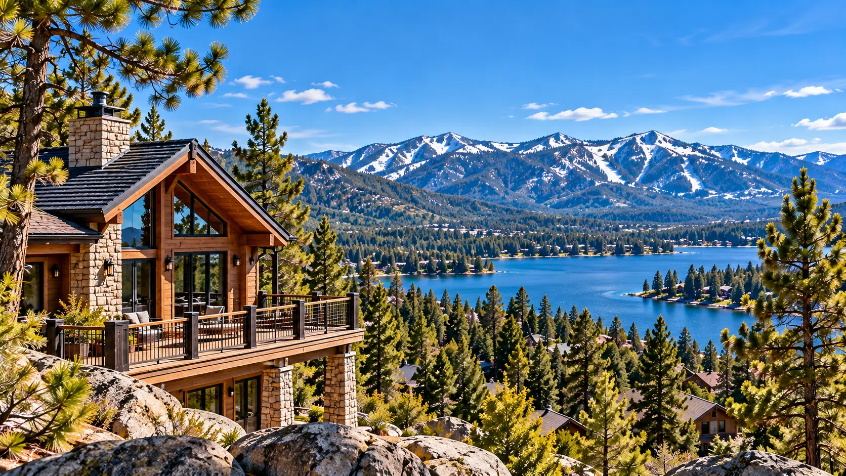 Mountain home overlooking a lake and snow-covered mountains
