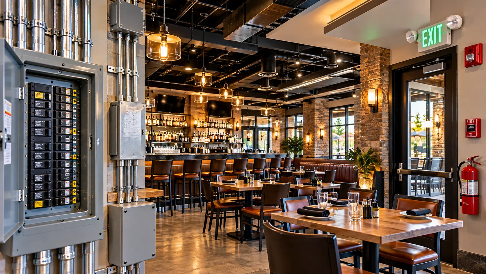 Restaurant dining room with exposed building systems