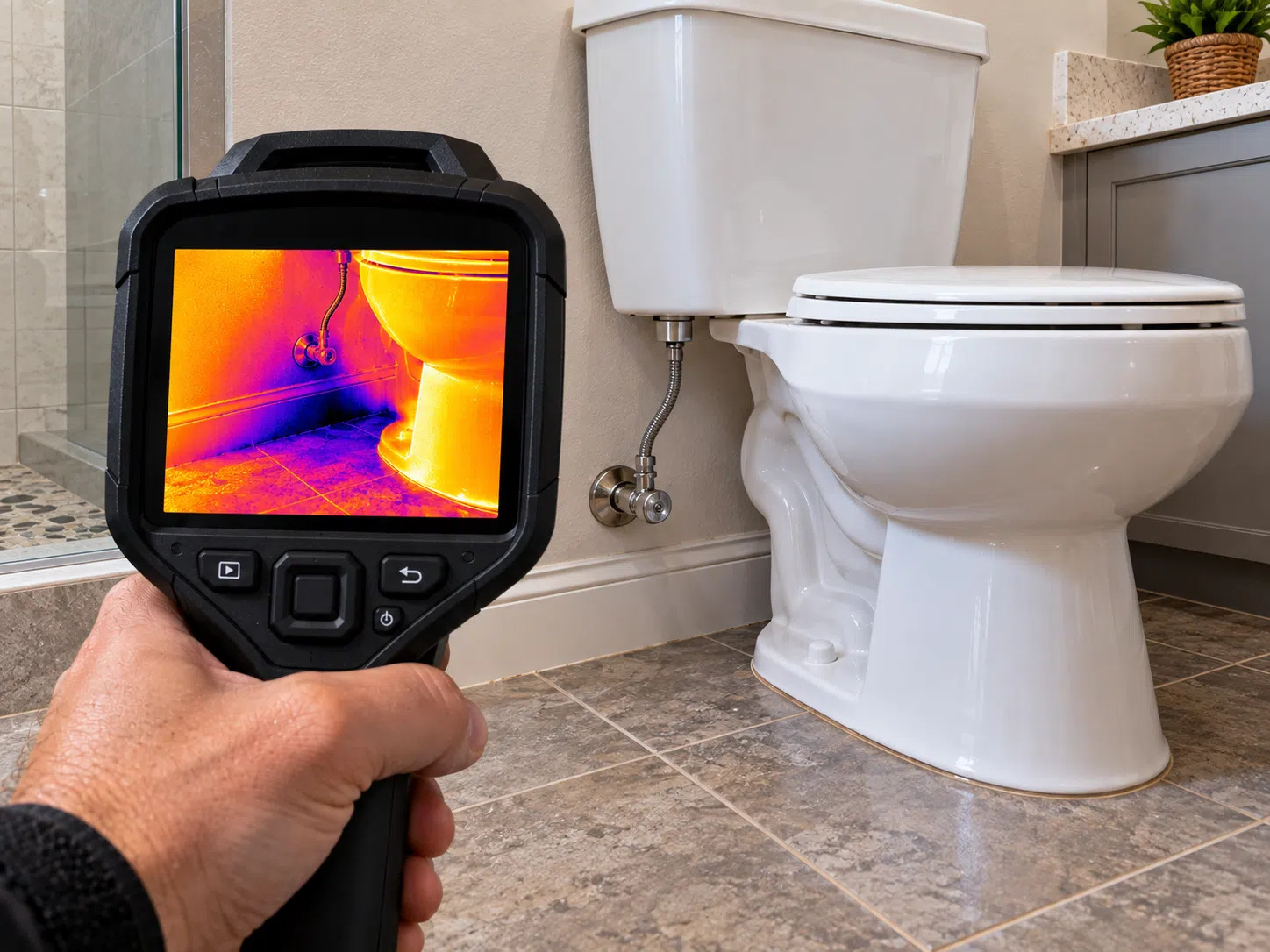 Thermal imaging camera scanning a bathroom toilet