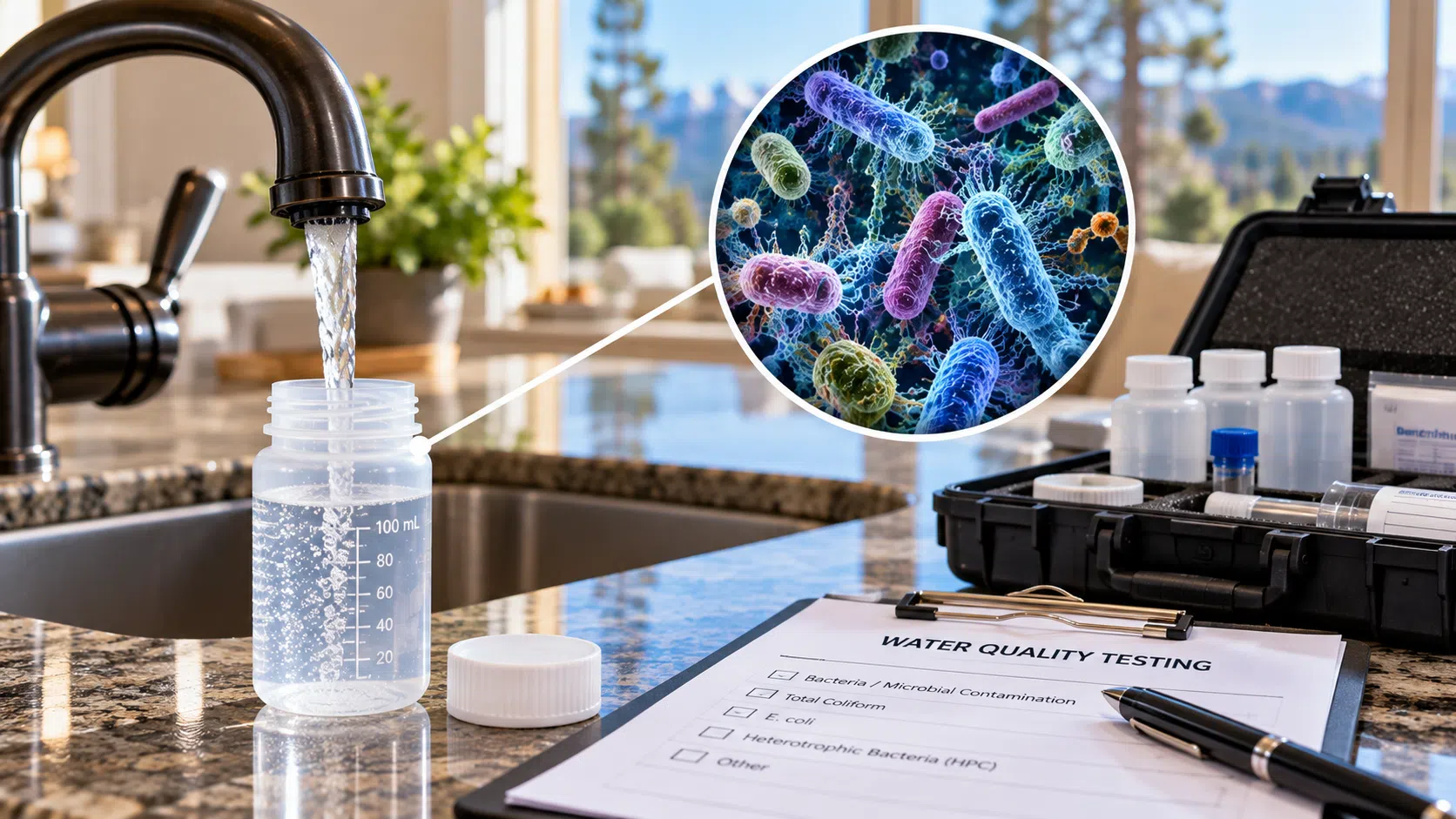 Water sample bottle and laboratory testing materials beside a faucet